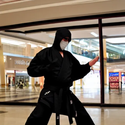 Prompt: a ninja bandit, practicing karate, in a mall