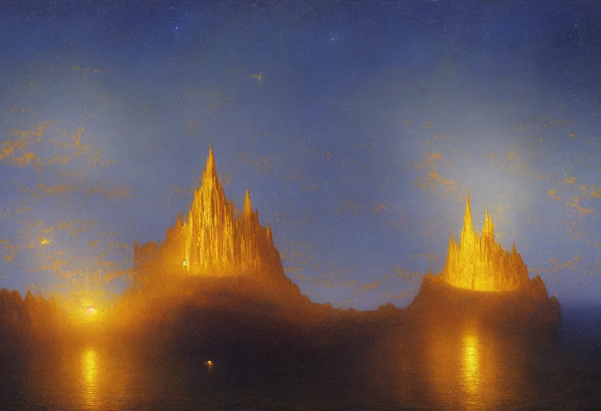 Image similar to a beautiful ultradetailed painting of a single gilded cathedral at the edge of a cliff next to a deep blue sea illuminated by orange fireflies, albert bierstadt, makoto shinkai, 8 k, light effects, trending on artstation