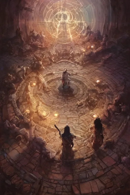 Prompt: sword labyrinth spell scroll art by artgerm and greg rutkowski and Craig Mullins, James Jean, Andrey Ryabovichev, Mark Simonetti and Peter Morbacher 16k