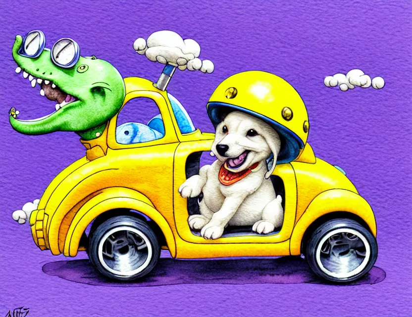 Image similar to cute and funny, puppy wearing a helmet riding in a tiny hot rod with an oversized engine, ratfink style by ed roth, centered award winning watercolor pen illustration, isometric illustration by chihiro iwasaki, edited by range murata, tiny details by artgerm and watercolor girl, symmetrically isometrically centered, sharply focused