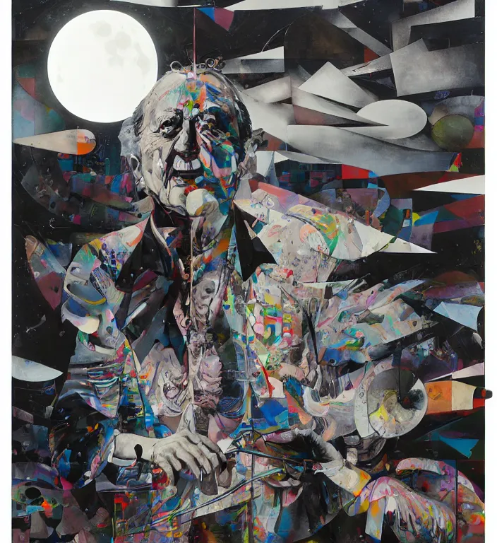 Image similar to decollage painting old white - headed man under the huge moon on a street of ruined city by adrian ghenie and takato yamamoto and edward hopper and mark ryden and tsutomu nihei, part by bridget riley, acrylic pour and splashing paint, very coherent, baroque elements, perfect anatomy, intricate design. pop art.