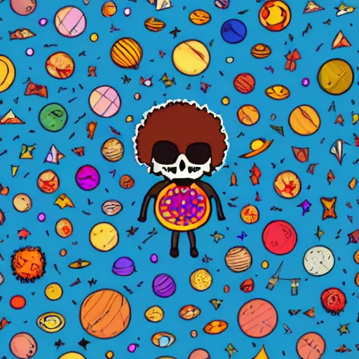 Prompt: skeleton with an afro wearing a spiked leather jacket, stylized, hippie colors, spacey, solar system background