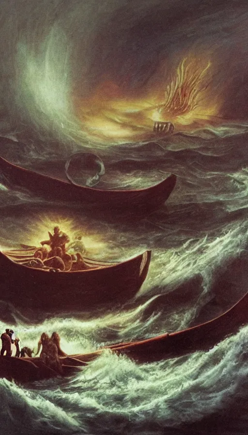 Image similar to man on boat crossing a body of water in hell with creatures in the water, sea of souls, by david a. hardy