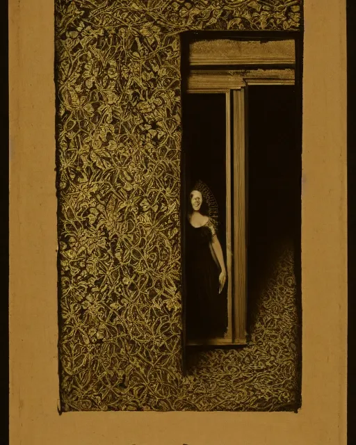 Image similar to a woman standing in a doorway, made of intricate decorative lace leaf, in the style of the dutch masters and gregory crewdson, dark and moody