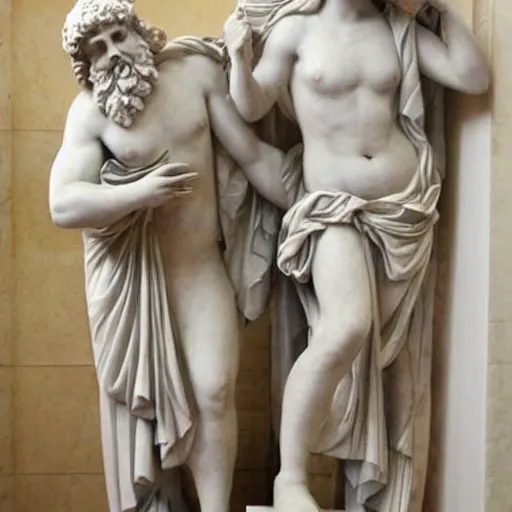 Prompt: Greek Marble Statues doing Daily Chores while laughing histerically