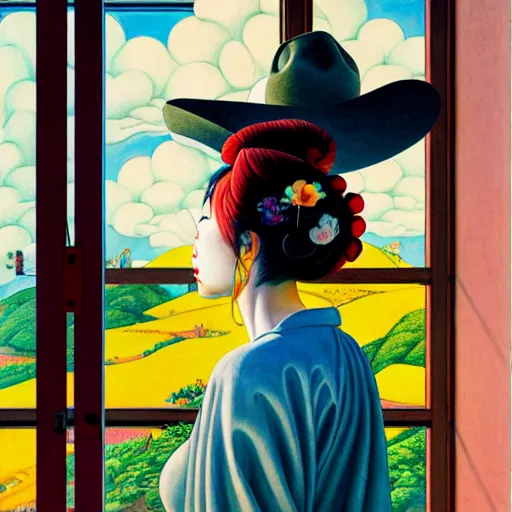 Image similar to full view, from a distance, of taiwanese girl with tattoos, wearing a cowboy hat, standing at the window, style of yoshii chie and hikari shimoda and martine johanna and edward hopper, highly detailed