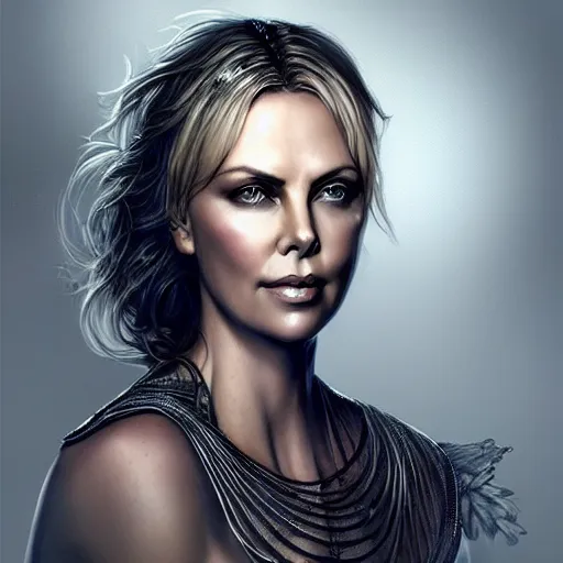 Image similar to a photo of charlize theron as a sorceress, urban motifs, intricate, elegant, highly detailed, digital painting, trending on artstation, concept art, smooth sharp focus, illustration, art by artgerm and greg rutkowski