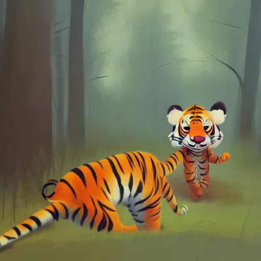 Image similar to goro fujita ilustration a cute tiger walking in the forest, painting by goro fujita, sharp focus, highly detailed, artstation