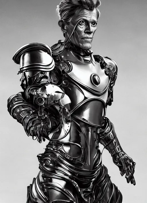 Prompt: powerful male tin man, willem dafoe as tinman, full body character concept, covered in full metal armor, plating, art nouveau, super powers, fantasy, intricate, elegant, highly detailed, digital painting, artstation, concept art, shining, sharp focus, illustration, art by stanley lau