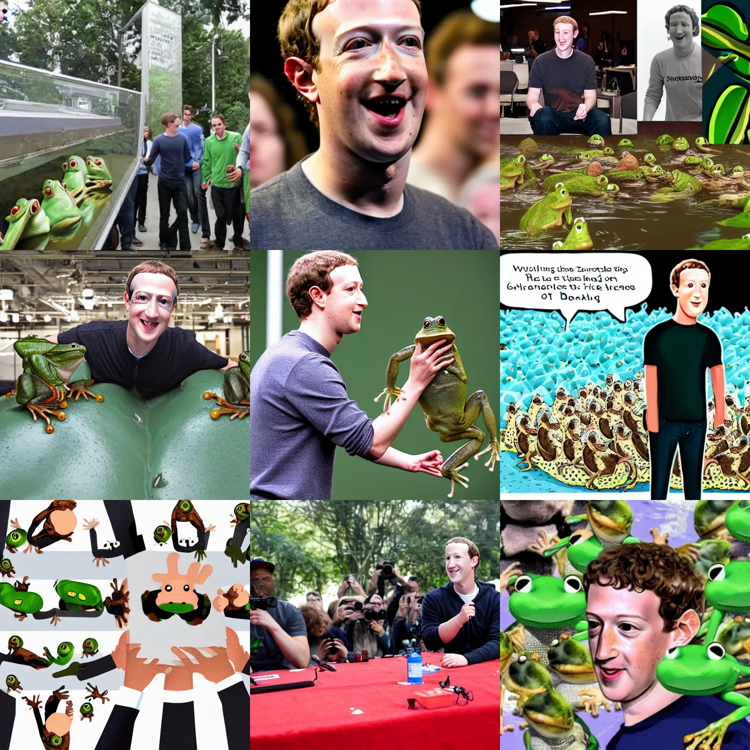 Prompt: mark zuckerberg surrounded by live frogs