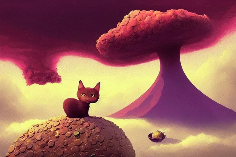 Prompt: surreal cat, floating volcano in the sky, summer morning, very coherent and colorful high contrast, art by!!!! gediminas pranckevicius!!!!, geof darrow, dark shadows, hard lighting