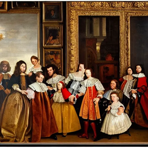 Image similar to oil canva family portrait in the main room of the castle painted in 1 6 5 6 inspired by las meninas, spaces between subjects and good detail and realistic faces by diego velasquez better quiality