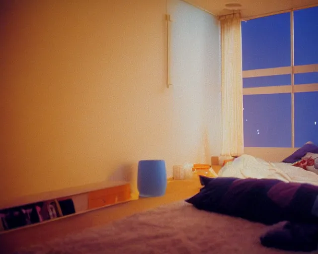 Image similar to calm photo of a futuristic otaku bedroom, bokeh + calm lighting kodak portra 8 0 0