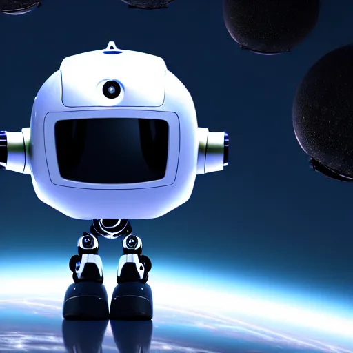 Prompt: a cute little robot in space. super realistic 8 k render of a dark hooded powerful elegant, cinematic composition