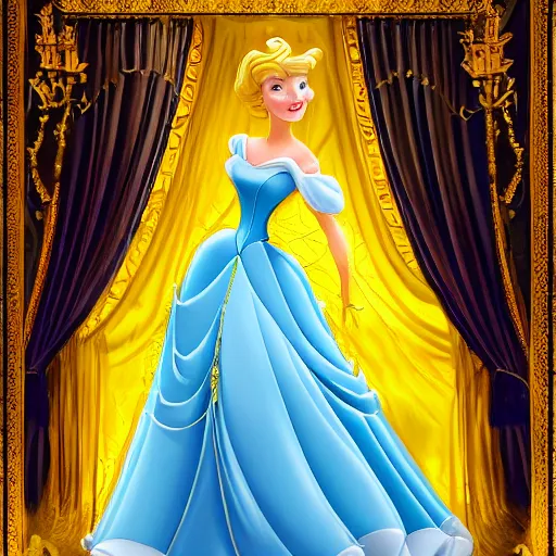 Image similar to cinderella dressed in the world's most beautiful yellow ballgown stands gracefully in the middle of a magical ballroom of a fairytale castle, spotlight on her. highly detailed fantasy art, magical realism, disney. dreamy.