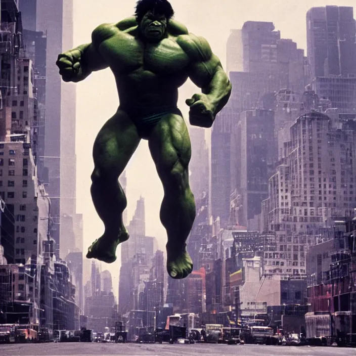 Prompt: a color photo portrait of the incredible hulk looking angry in new york city by richard avedon dramatic lighting.