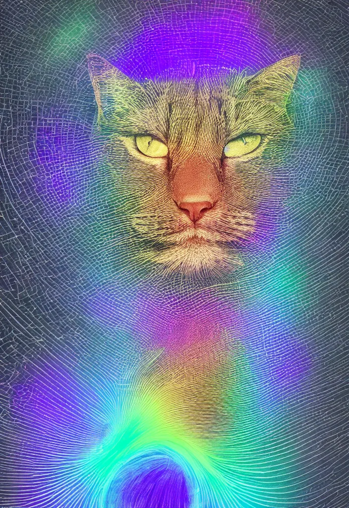 Image similar to highly detailed high resolution stacked plot of radio emissions from a pulsar, abstracted light refractions and stripy interference, making up a fluffy cat, silk screen t-shirt design in the style of FELIPE PANTONE 4K