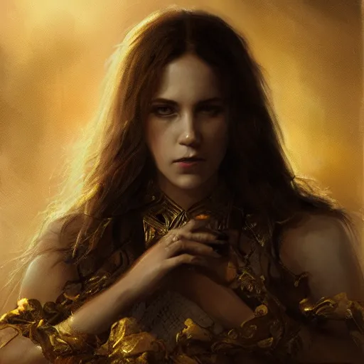 Image similar to majestic gracious regal aristocratic brunette female vampire portrait, atmospheric lighting, painted, menacing, intricate, volumetric lighting, beautiful, rich deep colours masterpiece, golden hour, sharp focus, ultra detailed, by leesha hannigan, ross tran, thierry doizon, kai carpenter, ignacio fernandez rios