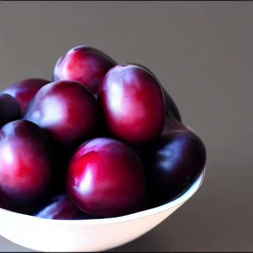 Image similar to a porcelain bowl filled with six large moist freshly picked plums. volumetric lighting. 4 k. small scale.