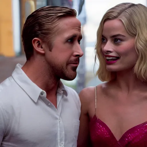 Image similar to still of ryan gosling and margot robbie, in rocky