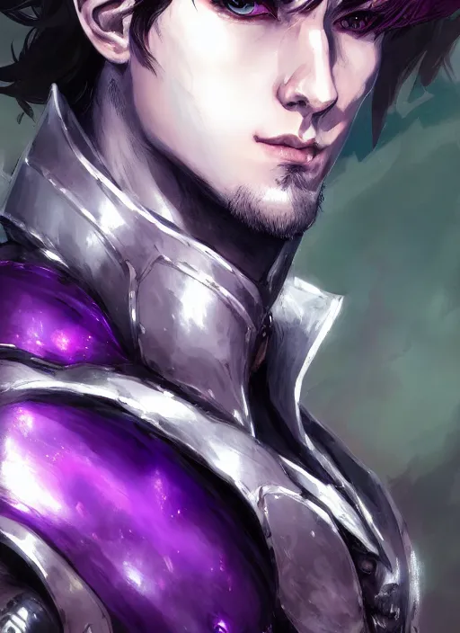 Image similar to Half body portrait of a handsome elven aristocrat with short hair wearing purple heavy armor. In style of Yoji Shinkawa and Hyung-tae Kim, trending on ArtStation, dark fantasy, great composition, concept art, highly detailed, dynamic pose.