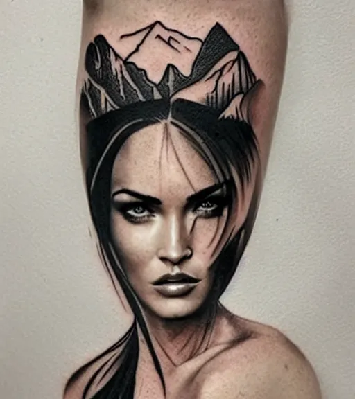 Image similar to double exposure effect tattoo design sketch of megan fox with beautiful mountain scenery, realism tattoo, in the style of matteo pasqualin, amazing detail, sharp