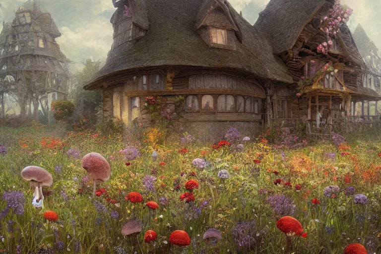 Image similar to a beautiful digital painting of a sprawling mushroom house in a field of flowers, beautiful day, stream, by greg rutkowski, gerald brom, marc simonetti, jean - baptiste monge, and alphonse mucha, symmetry, complementary colors, ink illustration, trending on artstation