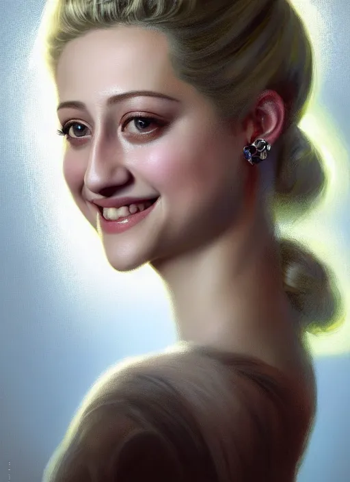 Image similar to portrait of lili reinhart with fluffy bangs, smiling kindly, bangs, 1 9 6 0 s, ponytail, curly bangs and ponytail, intricate, elegant, glowing lights, highly detailed, digital painting, artstation, concept art, smooth, sharp focus, illustration, art by wlop, mars ravelo and greg rutkowski