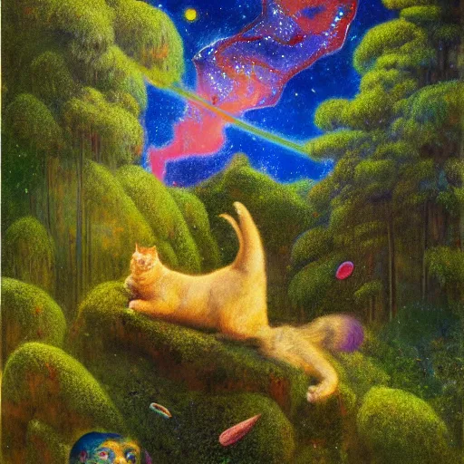 Image similar to psychedelic small cats hidden lush pine forest, outer space, milky way, designed by arnold bocklin, jules bastien - lepage, tarsila do amaral, wayne barlowe and gustave baumann, cheval michael, trending on artstation, star, sharp focus, colorful refracted sparkles and lines, soft light, 8 k 4 k