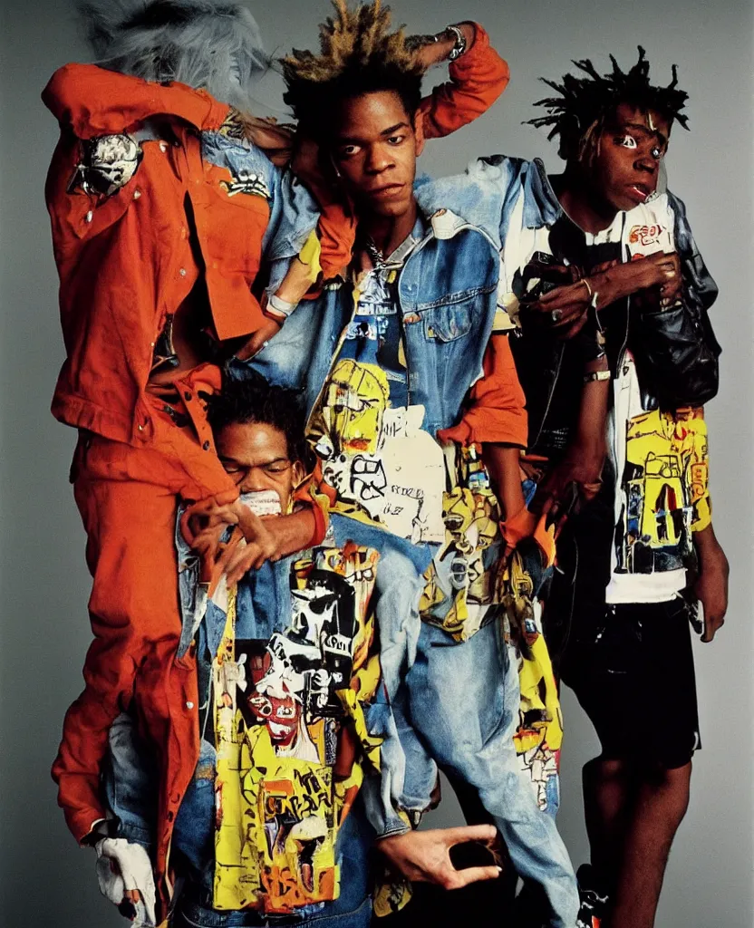 Image similar to basquiat with kurt cobain photographed by annie leibovitz in a hi end photo studio, color, photorealistic,