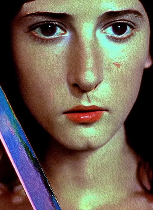 Image similar to 1971 film still from an Italian drama film of a young French actress as the goddess of razor blades. ultra detailed painting at 16K resolution and amazingly epic visuals. epically beautiful image. amazing effect, image looks gorgeously crisp as far as it's visual fidelity goes, absolutely outstanding. vivid clarity. ultra. iridescent. mind-breaking. mega-beautiful pencil shadowing. beautiful face. Ultra High Definition. godly shading. amazingly crisp sharpness. photorealistic film cel processed twice..