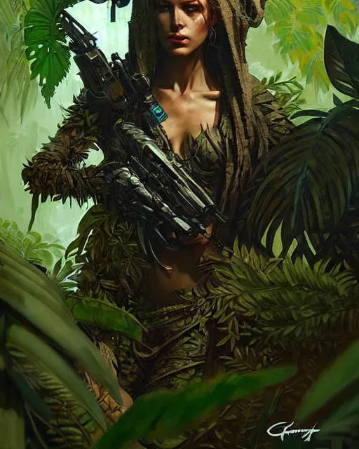 Prompt: camouflaged assassin robot portrait among jungle leaves, pulp character portrait, ultra realistic, concept art, intricate details, highly detailed by greg rutkowski, gaston bussiere, craig mullins, simon bisley