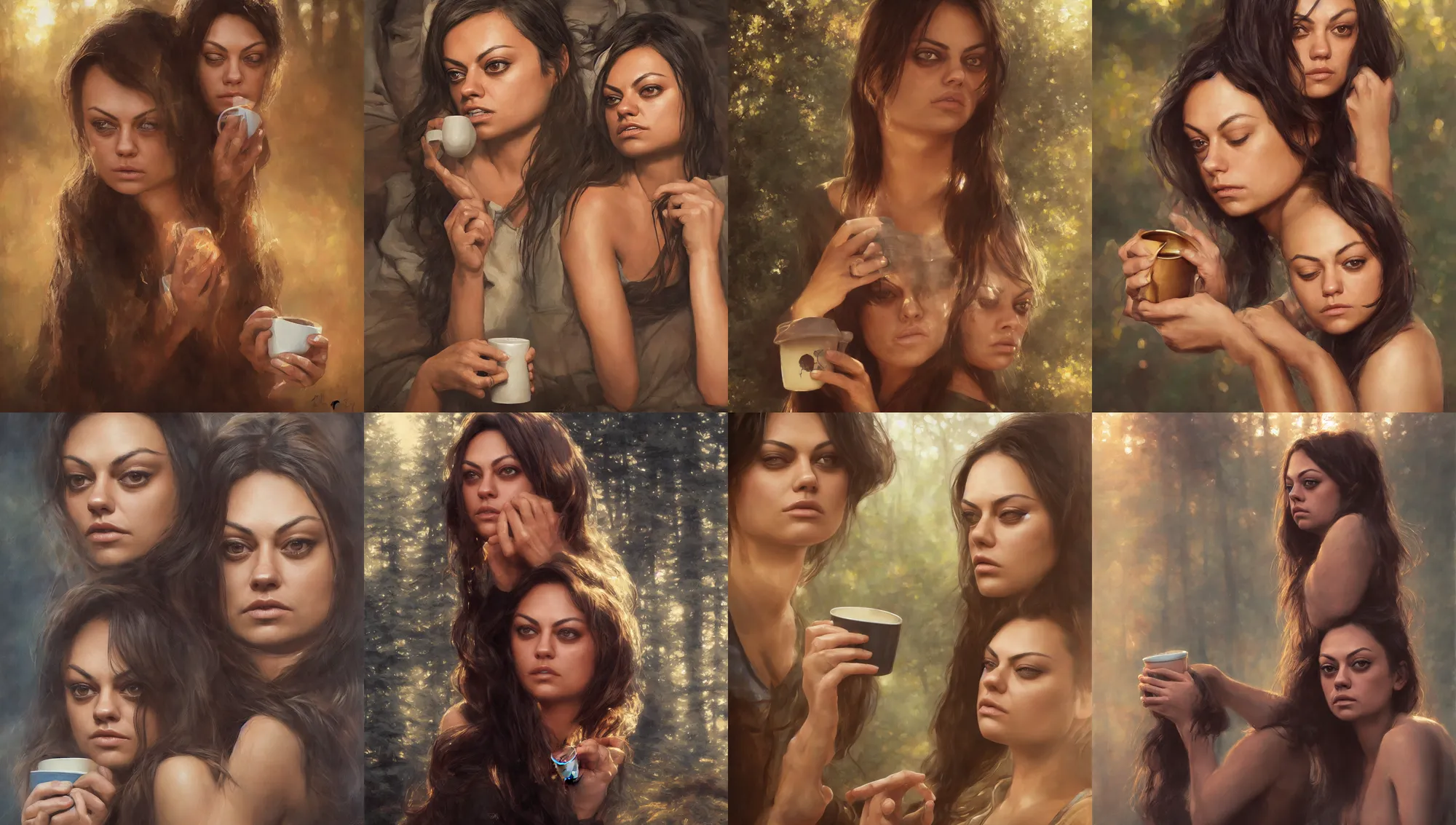 Image similar to close portrait of sleepy mila kunis waking up with coffee, dramatic light, morning golden hour, forest cabin background, 2 0 0 mm focal length, 1 9 7 0 s, painted by stanley lau, painted by greg rutkowski, painted by stanley artgerm, digital art, trending on artstation