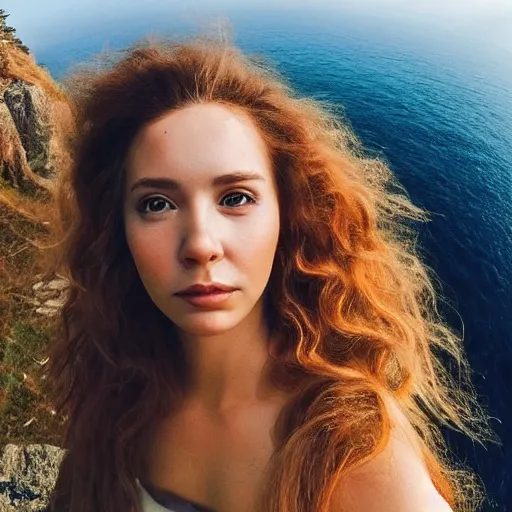 Image similar to Selfie of a beautiful woman with gorgeous flowy hair, standing over a cliff, beautiful volumetric lighting, subsurface scattering!!!!!!, (((((vivid))))) atmosphere, radiant sunshine, trending on artstation, 4k, 8k, artstation portrait imagery, fisheye!!!!! lens, instagram!!!!! selfie!!!!!