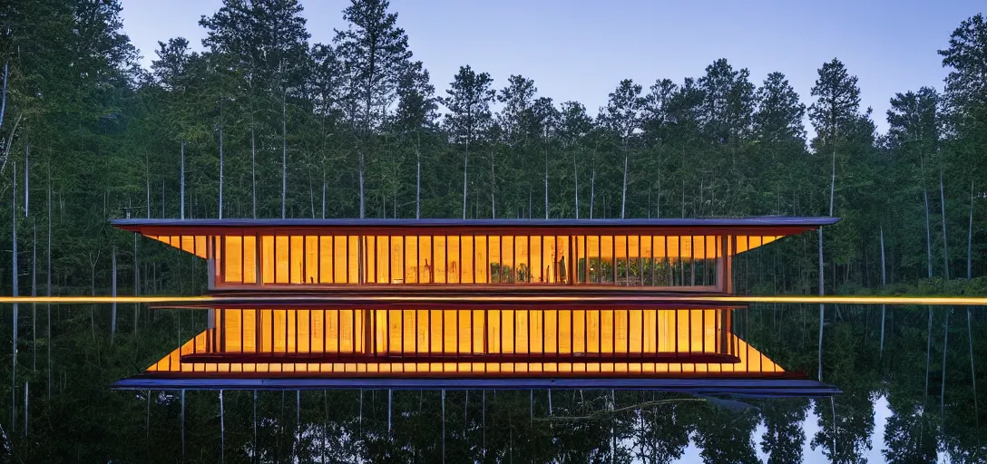 Image similar to faceted roof planes lift and descend creating shade and architectural expression, highly detailed, situated in the forest, next to a highly reflective lake, at dusk, vivid color