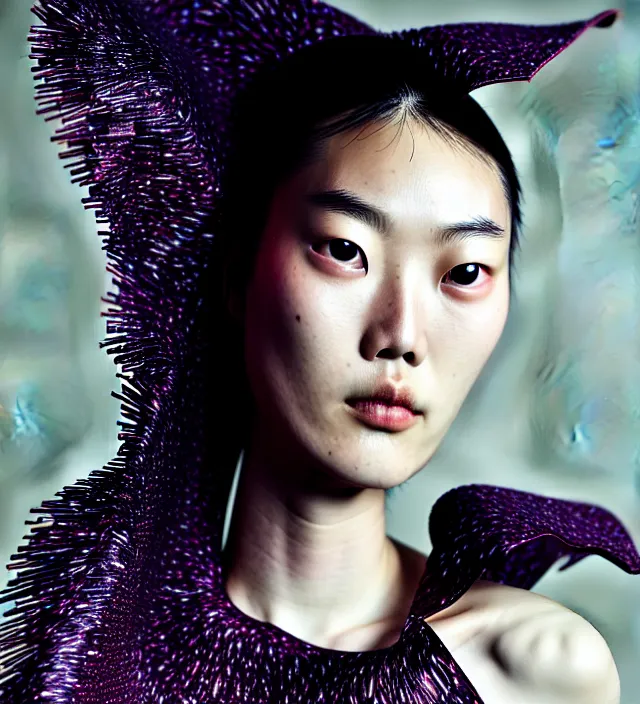 Image similar to photography facial portrait of liu wen, natural background, natural pose, wearing stunning cape by iris van herpen, with a colorfull makeup. highly detailed, skin grain detail, photography by paolo roversi, nick knight, helmut newton, avedon, araki