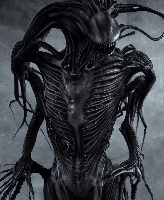 Image similar to xenomorph hugging pale sad beauty merging, dark mist colors, giger background liminal void, digital art, cinematic lighting, realistic, award winning photograph, various refining methods, micro macro autofocus