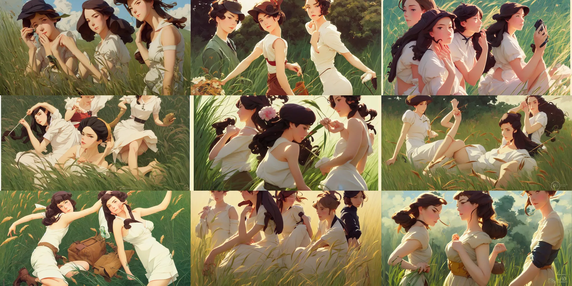 Prompt: grass, girls, in the style of studio ghibli, j. c. leyendecker, greg rutkowski, artgerm