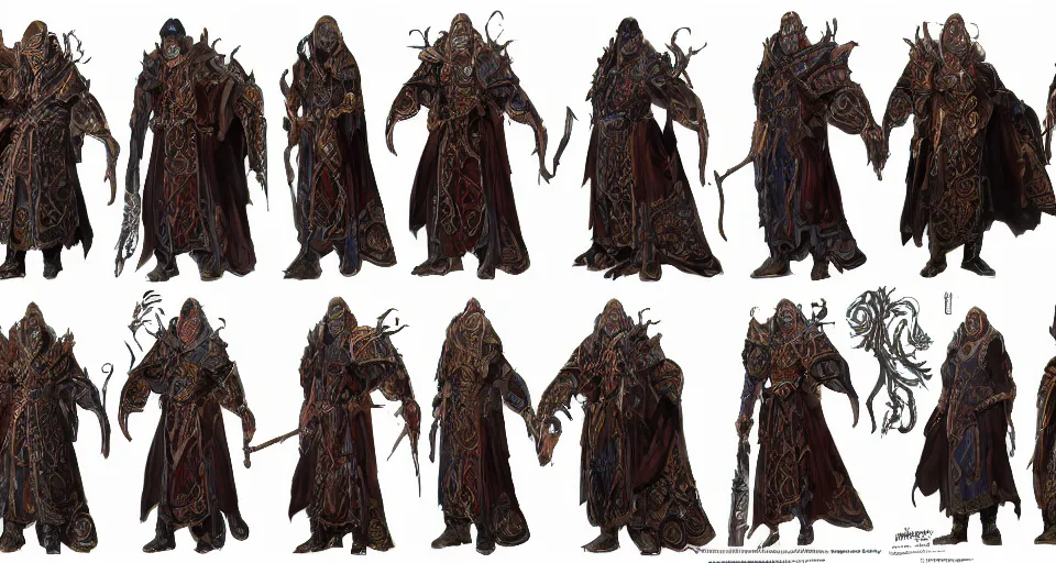 Image similar to A full color character sheet with front, back and side views of an evil Sorcerer n Highly detailed intricate ornamental robes with glowing runes holding an ornate intricate magical staff, video game concept art by Wizards of the Coast, Magic The Gathering, Blizzard, Games Workshop, Greg Rutkowski, Craig Mullins, WETA, Elder Scrolls.
