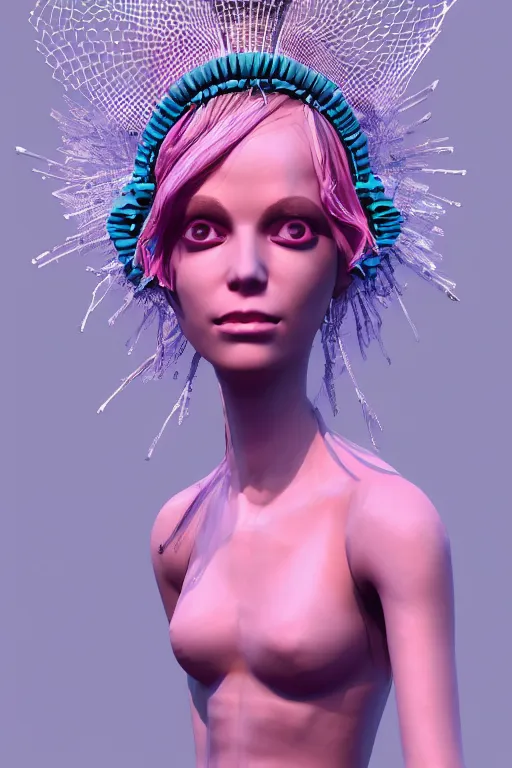 Image similar to epic 3 d sculpture of trans model, mesh headdress, 2 0 mm, with pastel pink and cerulean hextech bursting, perlin noise melting into mogwai, delicate, beautiful, intricate, houdini sidefx, trending on artstation, by jeremy mann and ilya kuvshinov, jamie hewlett and ayami kojima