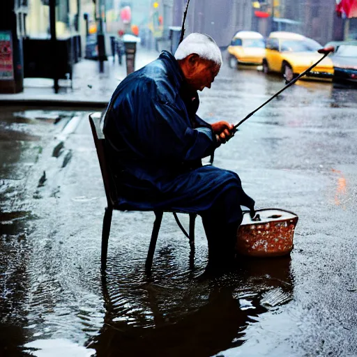 Prompt: closeup portrait of a man fishing in a puddle rainy new york street, by Steve McCurry, natural light, detailed face, CANON Eos C300, ƒ1.8, 35mm, 8K, medium-format print