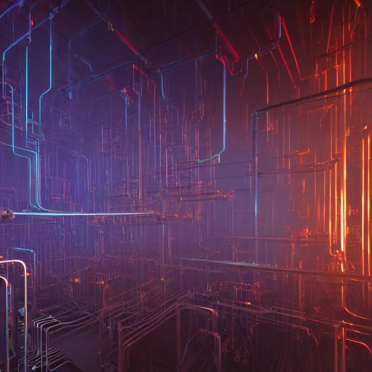 Prompt: an immaculate volumetric lighting octane redshift render of a large rack of beautiful iridescent device of unknown origin in a vast modern computing center alchemist's lab with exposed circuit boards, fog, god rays, nixie tubes and tesla coils by Zdzisław Beksiński and beeple, beautiful modern colors, ultradetailed, 4k ultra