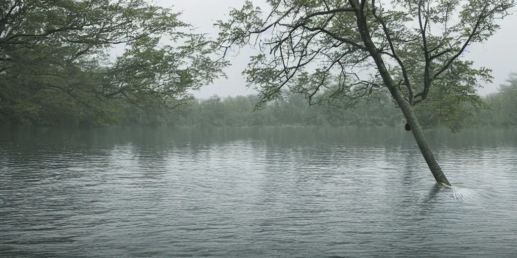 Prompt: centered subject on an infinitely long rope zig - zagging across the surface of the water into the distance, the floating submerged rope stretches out towards the center of the lake, a dark lake on an overcast day, atmospheric, color film, trees in the background, hyper - detailed photo, anamorphic lens