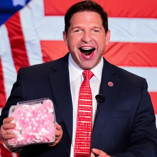 Prompt: ron desantis taking candy from babies and laughing maniacally about it, very realistic