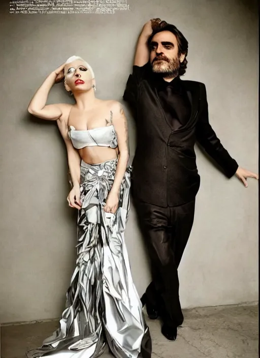 Image similar to lady gaga and joaquin phoenix styled by nick knight posing, full body shot, set pieces, intricate set, vogue magazine, canon, highly realistic. high resolution. highly detailed. dramatic. 8 k. 4 k.