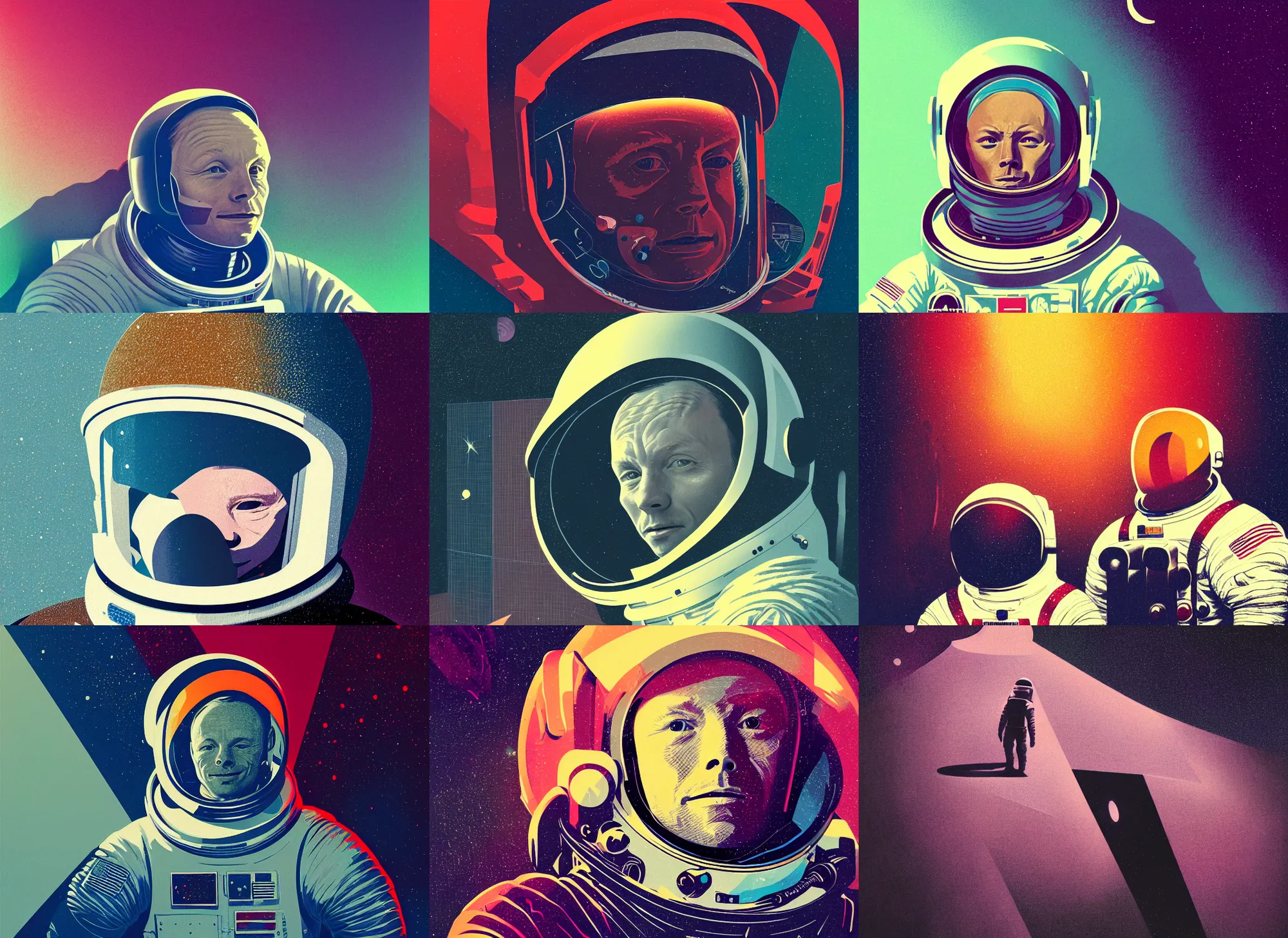 Prompt: portrait of astronaut neil armstrong, colorful, modern art deco, mads berg, karolis strautniekas, christopher balaskas, stippled light, moody, fine texture, editorial illustration, dramatic lighting, dynamic composition, detailed, matte print, dynamic perspective, muted color, ( ( victo ngai ) ), wide angle