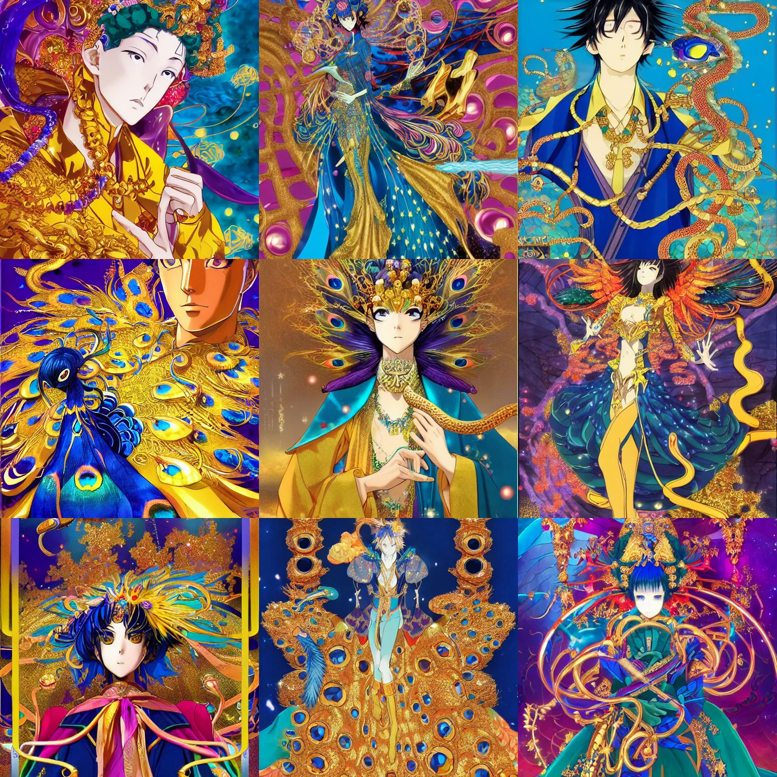 Prompt: anime cover of a rich ethereal colorful blue hybrid of a peacock and snake person, accented in bright metallic gold, wearing star filled mage robes and excessive amounts of golden jewelry and gems, art by yuji ikehata and satoshi kon, background art by miyazaki, realism, proper human male proportions, fully clothed, vhs
