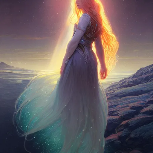 Image similar to aurora, girl with super long hair, hair becoming bright stars, intricate, highly detailed, digital painting, artstation, concept art, smooth, sharp focus, illustration, unreal engine 5, 8 k, art by artgerm and greg rutkowski and alphonse mucha