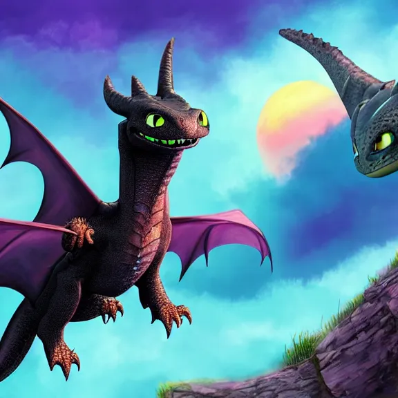 Prompt: High definition quality picture of toothless the dragon from How to Train a Dragon with a pink and purple Sunset Viking art style