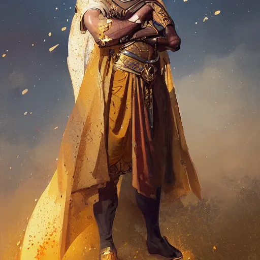 Image similar to Portrait of a noble person wearing a golden toga and crossing his arms, fantasy, medieval, highly detailed, Artstation, painting by greg rutkowski
